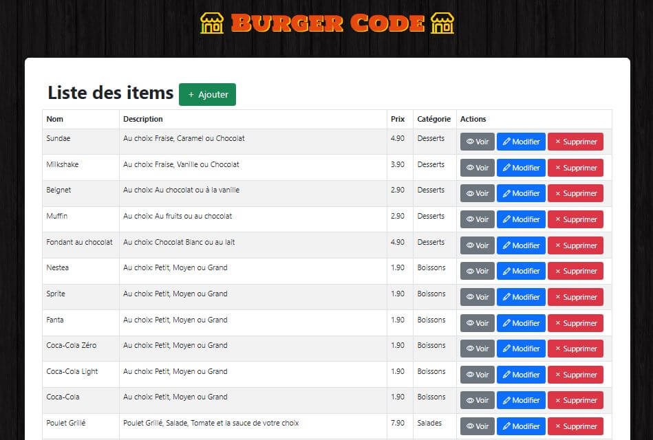 Admin du Site Burger code